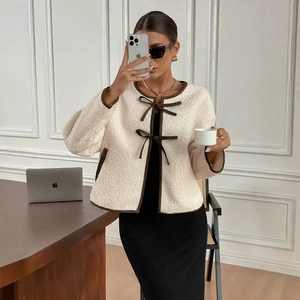 Women Lamb Wool Jacket Fleece Cropped Coat Contrast Trim Bow Tie Front Casual Long Sleeve Elegant Outerwear