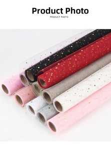 Detail of star and moon gold foil mesh rolls for bouquet wrapping and DIY crafts