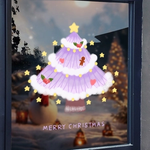Sticker de Noël rose pour fenêtre avec sapin dessiné à la main et lettrage festif joyeux