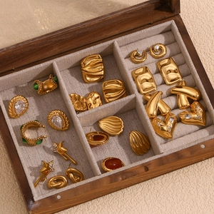Collection of vintage 18K gold plated stainless steel geometric earrings in wood box