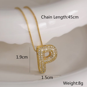 Detailed view of pavé zircon letter P pendant with dimensions and 45cm gold chain