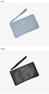 Close-up of blue and black slim PU leather wallets with gold logos and wrist straps