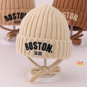 Winter knitted beanie for kids featuring BOSTON embroidery and warm earflaps in three colors