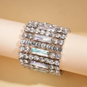 Luxurious silver bracelet with clear round rhinestones and AB crystal rectangles on base