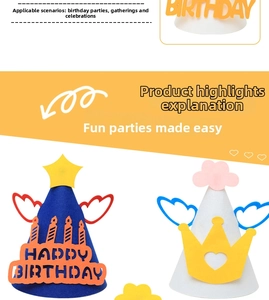 Detail of colorful felt birthday hats with wings, crown, and happy birthday text