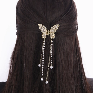 Butterfly Hair Claw Clip Rhinestone Tassel Faux Artificial Pearl Gold Metal Shark Clip For Women Elegant Accessory