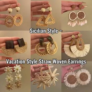 Boucles D'oreilles Pendantes En Rotin Tissé À La Main Avec Perles En Bois Résine Et Tige En Argent Vintage Bijoux De Vacances