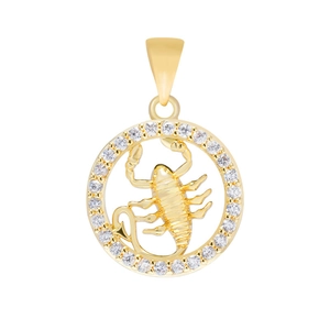Macro detail of a golden Scorpio zodiac pendant with sparkling cubic zirconia settings