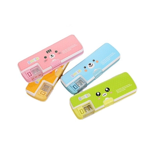 Cartoon double-open pencil cases in four colors with built-in sharpeners for students
