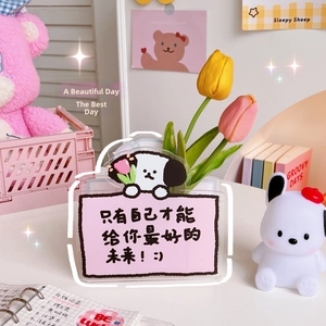 Clear acrylic desktop card holder with pink accents and cute Pochacco cartoon decoration