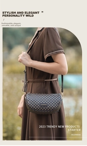 Close-up of vintage brown saddle bag featuring geometric patterns and fashion nameplate