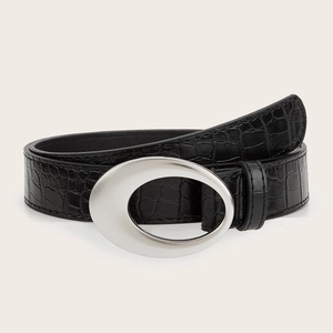 Y2K vintage black crocodile pattern leather belt with oval silver metal buckle