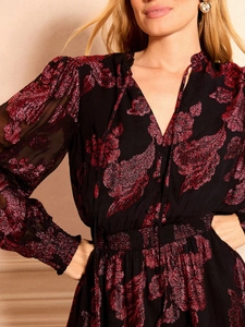 Elegant V-neck chiffon floral print midi dress with red embroidery and long sleeves