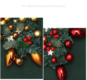 Detailed view of Christmas garland with pine needles, red ornaments and gold stars