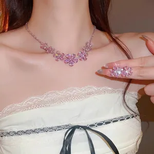 Sparkling pink zircon flower pendant necklace and earrings set for elegant women