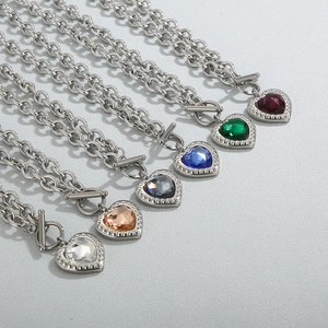 Colorful crystal heart necklaces with OT toggle clasp on silver stainless steel chains