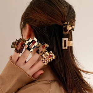 Mini Square Acetate Hair Claw Clip For Women Korean Checkerboard Leopard Pattern Small Geometric Hair Accessory