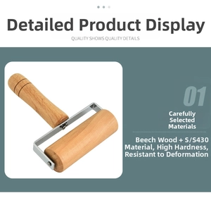Detail of beech wood rolling pin with durable S/S430 stainless steel frame and wood grain