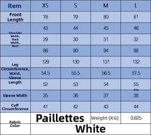 Size chart detail for the white sequin bow dress with measurements from XS to L