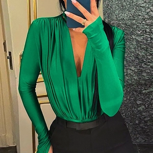 Sexy V-neck green satin long sleeve bodysuit with pleated detail for women