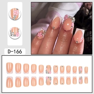 Faux ongles French roses avec fleurs 3D et strass, forme carrée, ensemble de 24 pièces