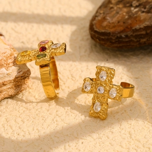 18K gold plated stainless steel cross rings with colorful stones and hammered texture