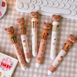 Cute 10-color retractable ballpoint pen with 3D brown bear topper and macaron casing