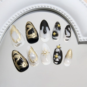 Gothic 3D starfish and pearl press-on nails with dark totem stars and liquid metal art