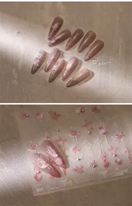 Detailed view of TL-202 3D pink floral nail stickers with pearls and lace textures