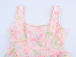 Detailed close-up of 3D floral embroidery and sequins on pink mesh tulle dress