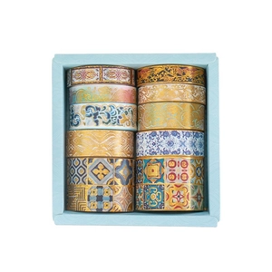 Artistic washi tape gift set with 10 rolls featuring vintage floral and gold foil patterns