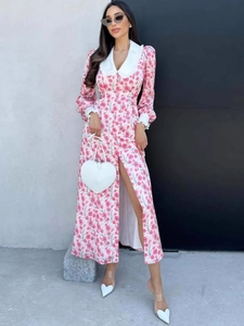 Pink floral long sleeve dress with white doll collar and heart-shaped handbag for women