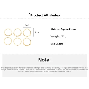 Detailed specs of 6-piece zircon geometric ring set in gold finish copper material