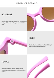 Detail of pink toddler sunglasses with smooth nose pads and reinforced metal hinges