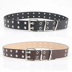 Star pattern double grommet punk belt in black and brown with twin-pin buckles