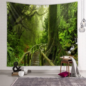 Close-up of forest landscape tapestry with wooden path and lush greenery on white brick wall