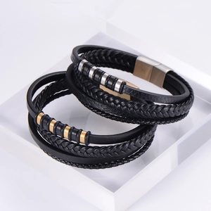 Men's multilayer braided leather bracelet with magnetic clasp and steel accents