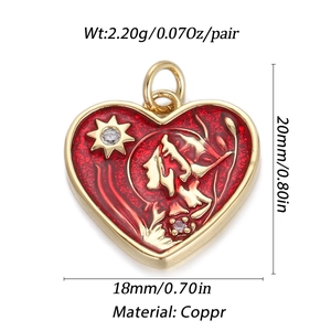 Golden heart-shaped copper pendant with red enamel starry sky and silhouette design