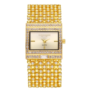 Luxury gold square quartz watch for women with sparkling rhinestones and wide metal strap