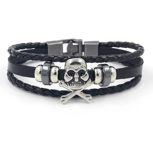 Punk Skull Crossbones Multilayer Braided PU Leather Bracelet Retro Alloy Charm Men Wristband Personality Jewelry