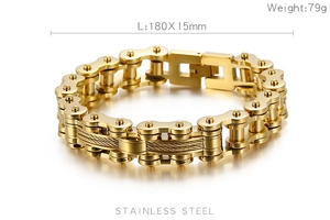 Detailed view of golden bicycle chain bracelet with 180x15mm dimensions and 79g weight