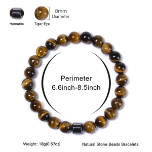 8mm black lava and tiger eye stone beaded elastic bracelet with hematite accents