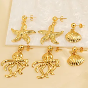 Golden starfish, octopus and shell stud earrings set with vintage ocean nautical style
