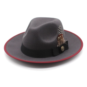 Classic dark grey wool fedora hat with wide brim, red contrast piping and feather accent