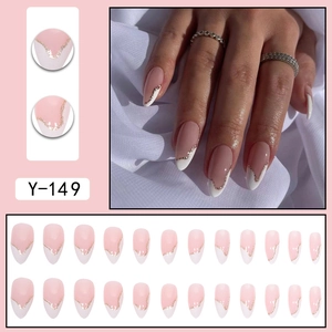 Unghie finte a mandorla french rosa con punte bianche e glitter dorato sottile Y-149