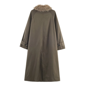 Olive green double-sided trench coat with faux fur collar shown from the back view