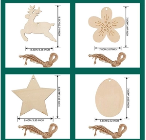 Detail view of four wooden Christmas ornaments with precise dimensions and twine hangers