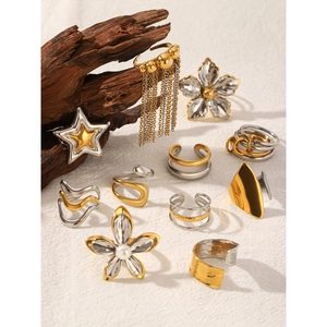 Stainless Steel Ring Gold Silver Mixed Open Geometric Flower Star Tassel Exaggerated Punk Style Women