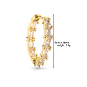 Detail view of 19mm gold hoop earrings with baguette zircon stones weighing 3.3g