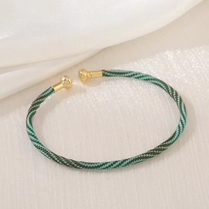 Macro detail of hand-woven green and brown cord bracelet with polished gold metal ends
